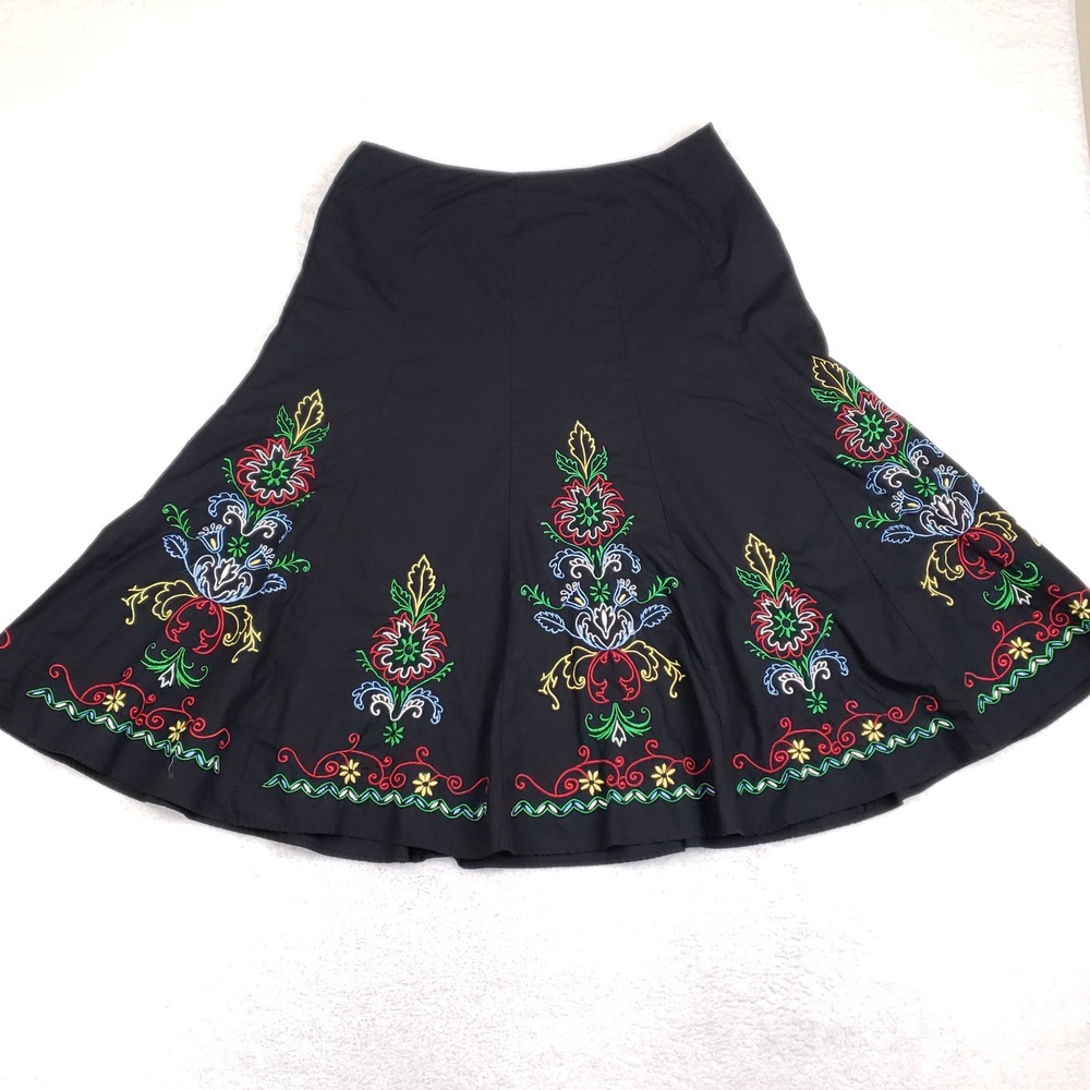 Allison Taylor Vintage Embroidered Midi Skirt Womens 12 Black Folk Y2K Floral